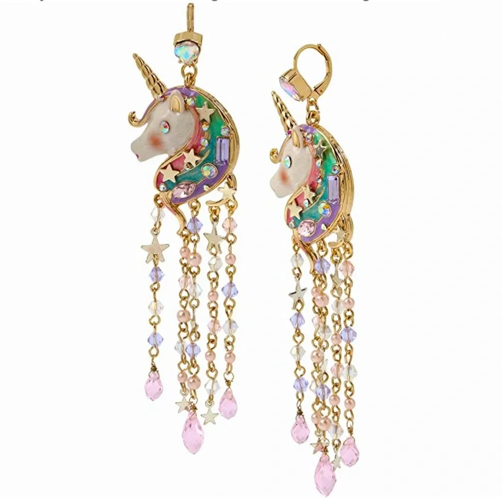 NWT $68 Betsey Johnson Unicorn Fringe Chandelier Earrings - Picture 1 of 7